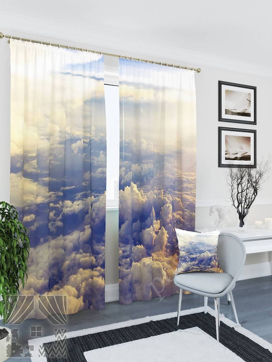 Завораживающий комплект готовых фото штор с изображением облаков для гостиной