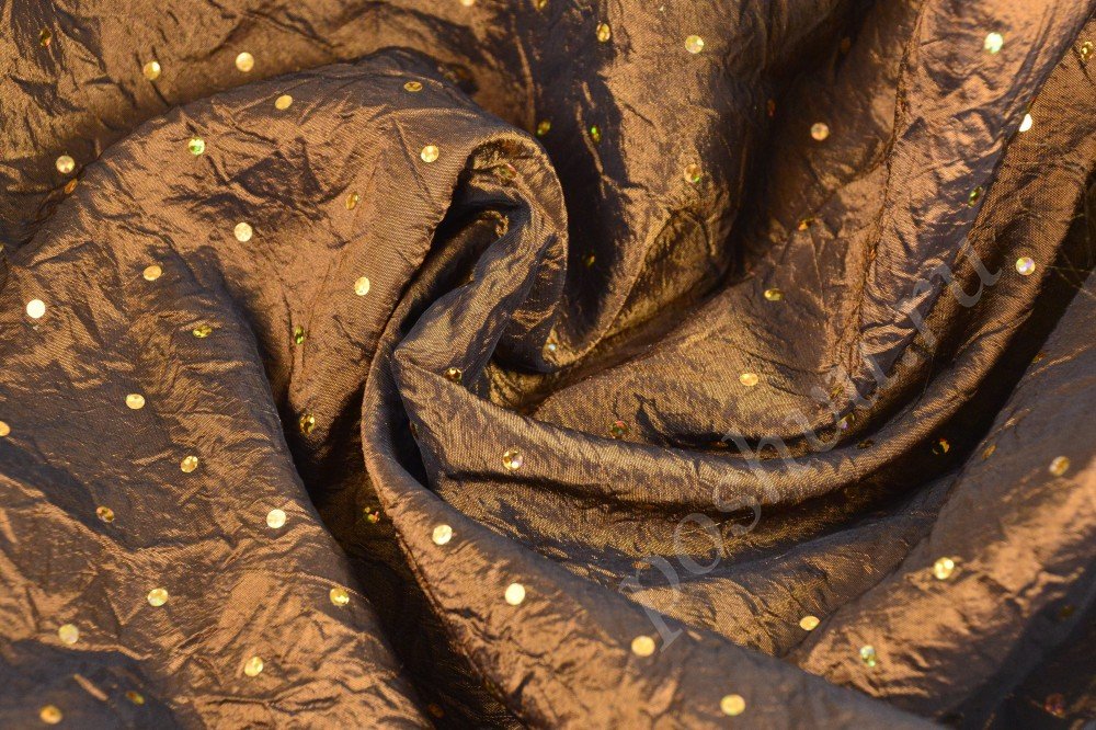 Ткань жатая тафта шоколадного цвета с переливами и крупными блёстками