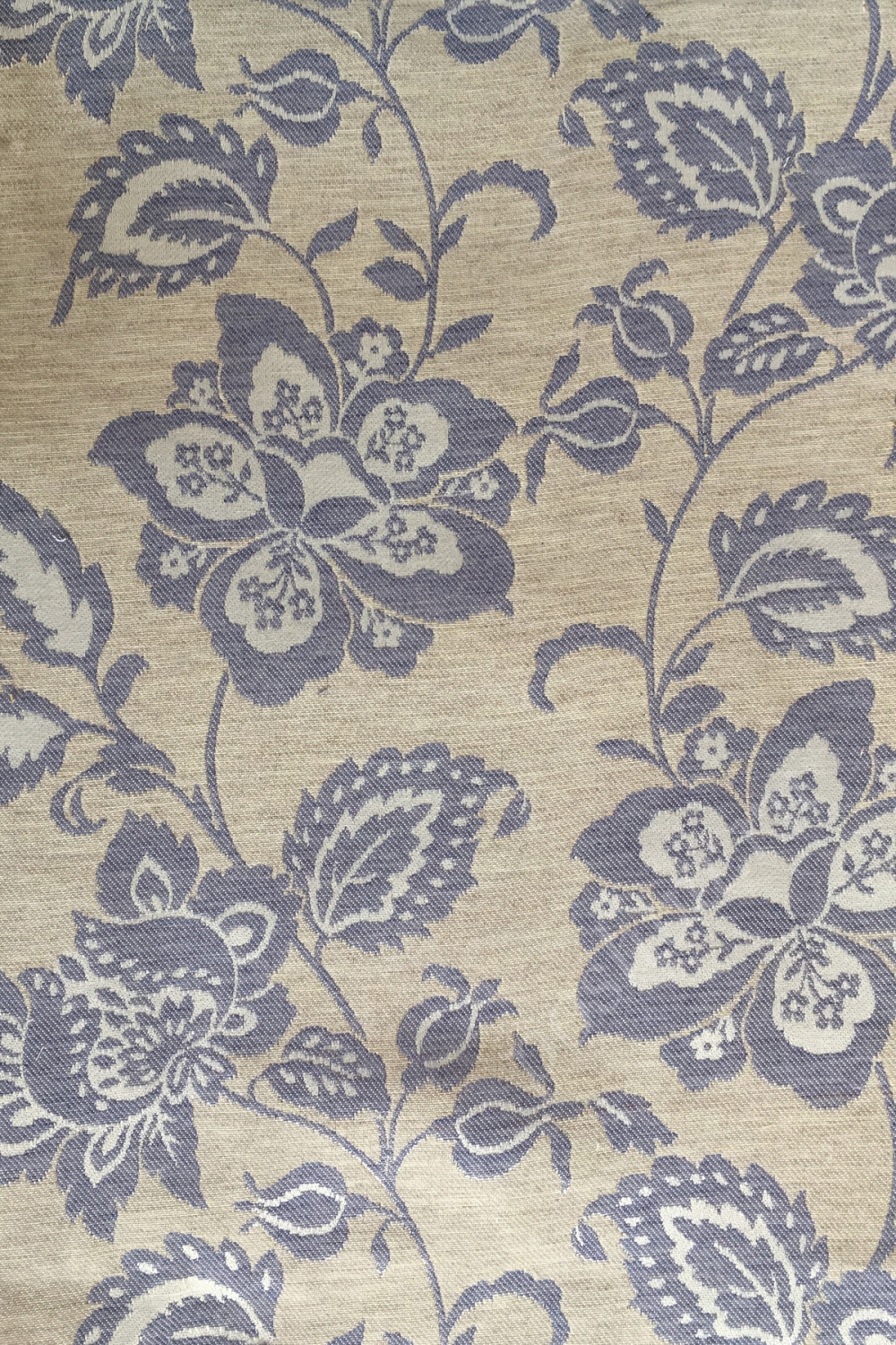 Портьерная ткань жаккард SUN JACOBEAN синий растительный орнамент на бежевом фоне (раппорт 35х31см)