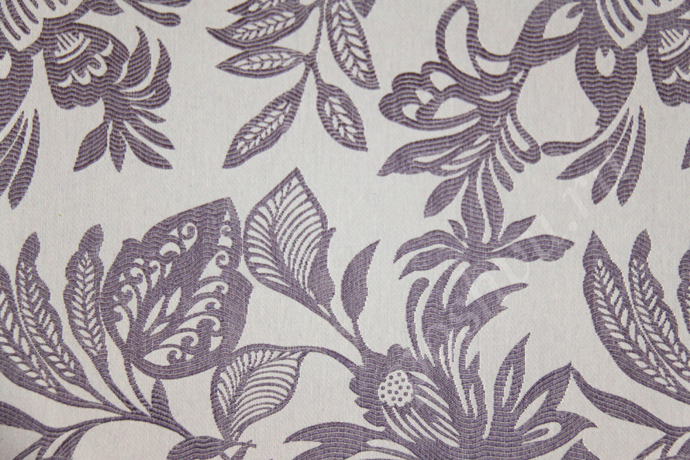 Ткань для штор SUNRUSE UDAIPUR фиолетовый растительный орнамент на белом фоне (раппорт 39х36см)