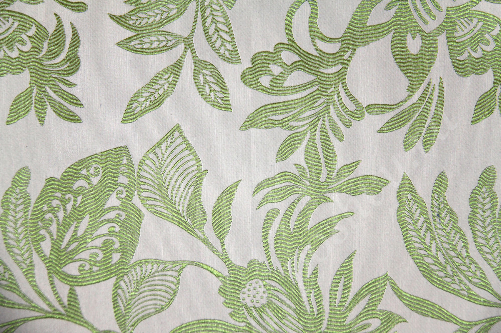 Ткань для штор SUNRUSE UDAIPUR зеленый растительный орнамент на белом фоне (раппорт 39х36см)