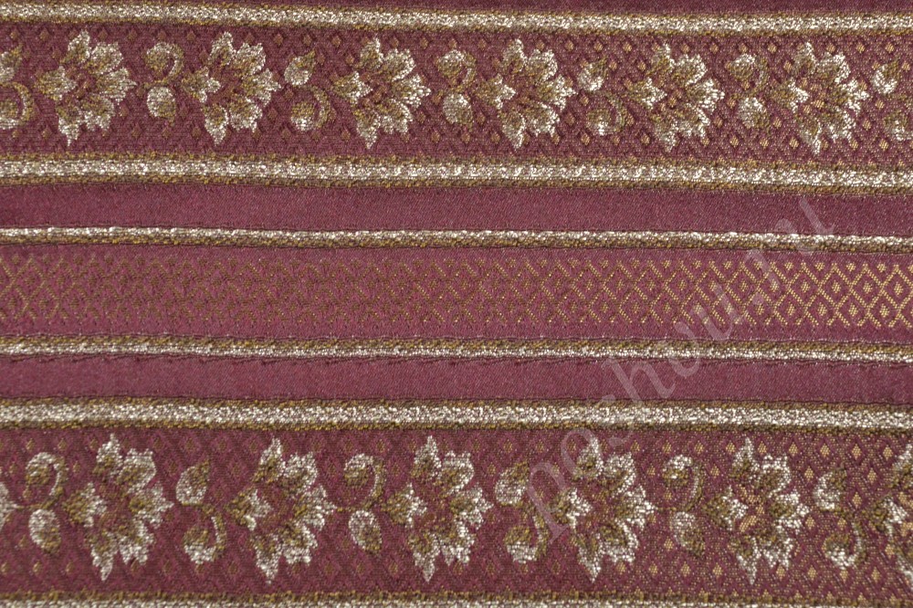 Ткань для мебели жаккард гранатового цвета с полосами