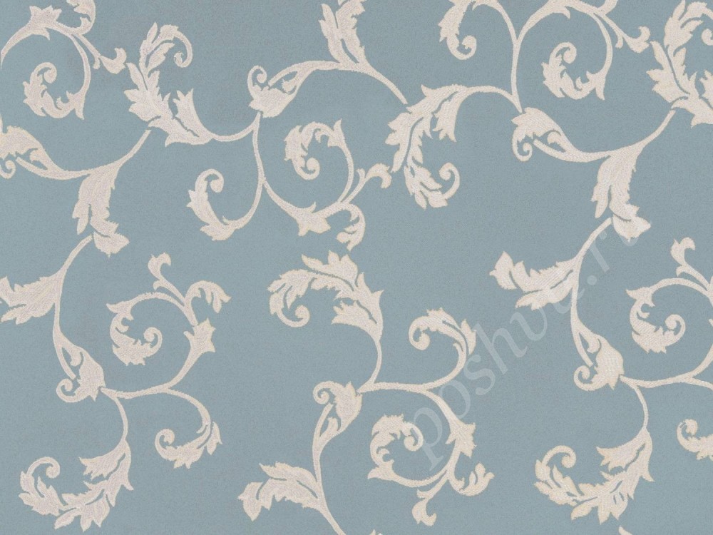 Ткань для штор портьерная голубого цвета в серебристо-белый узор 2376/41