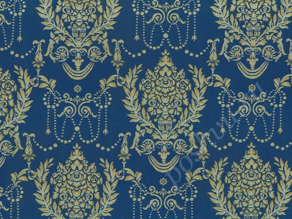 Ткань для штор портьерная синего цвета в роскошный классический орнамент бежевого оттенка 2377/40