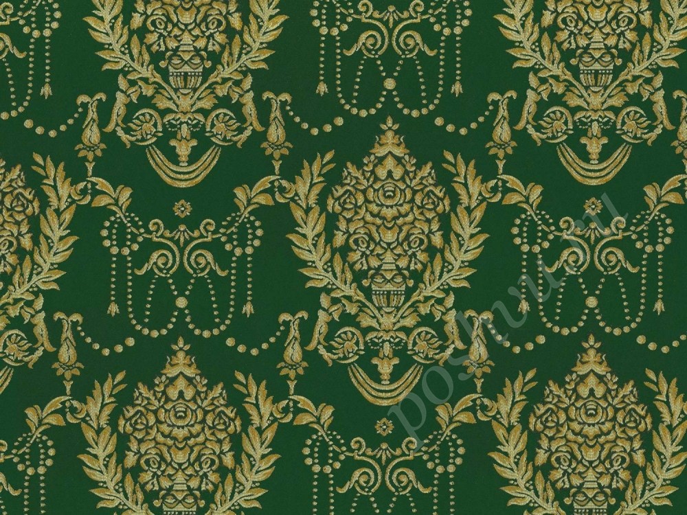 Ткань для штор портьерная зеленого оттенка с классическим узором бежевого цвета 2377/55