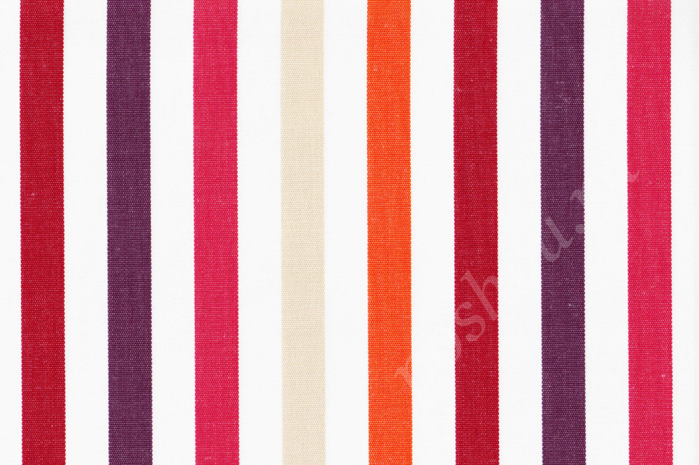Мебельная ткань жаккард OUT OF MIND в бело-оранжево-фиолетовую полоску