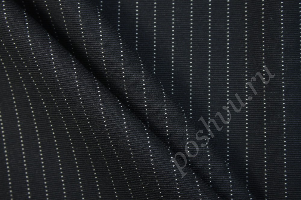 Ткань костюмная Классика черного оттенка в тонкую белую полосу