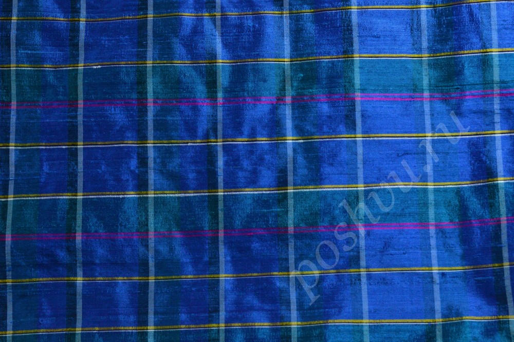 Тафта шелковая синего оттенка в розовую и желтую полоску
