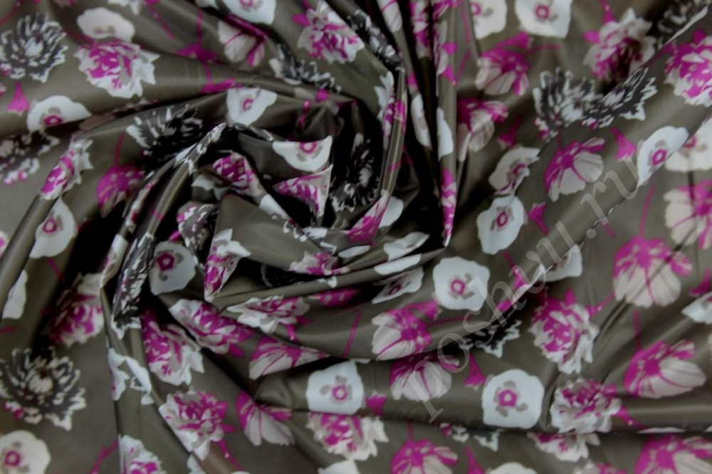 Плащевая ткань цвета хаки с цветочным принтом