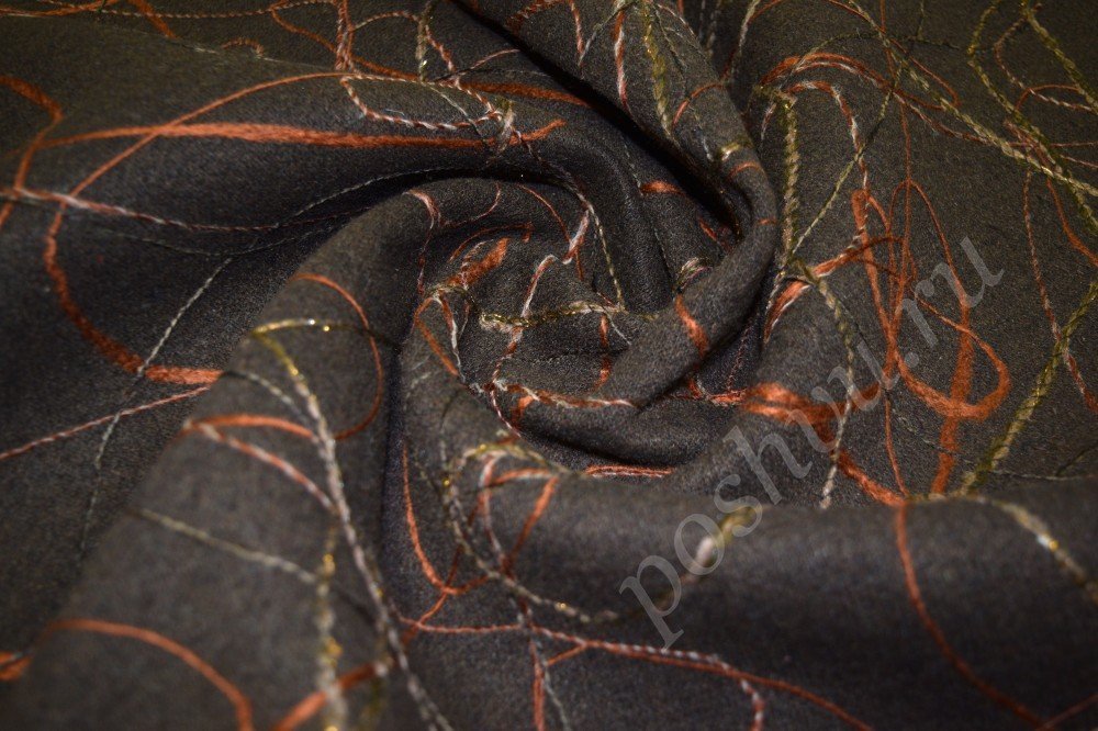Пальтовая ткань коричневого оттенка с вышивкой