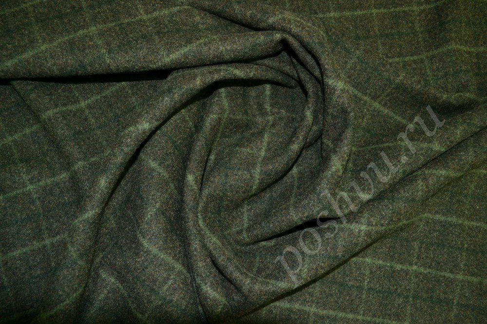 Пальтовая ткань оливково-серого цвета в клетчатый узор
