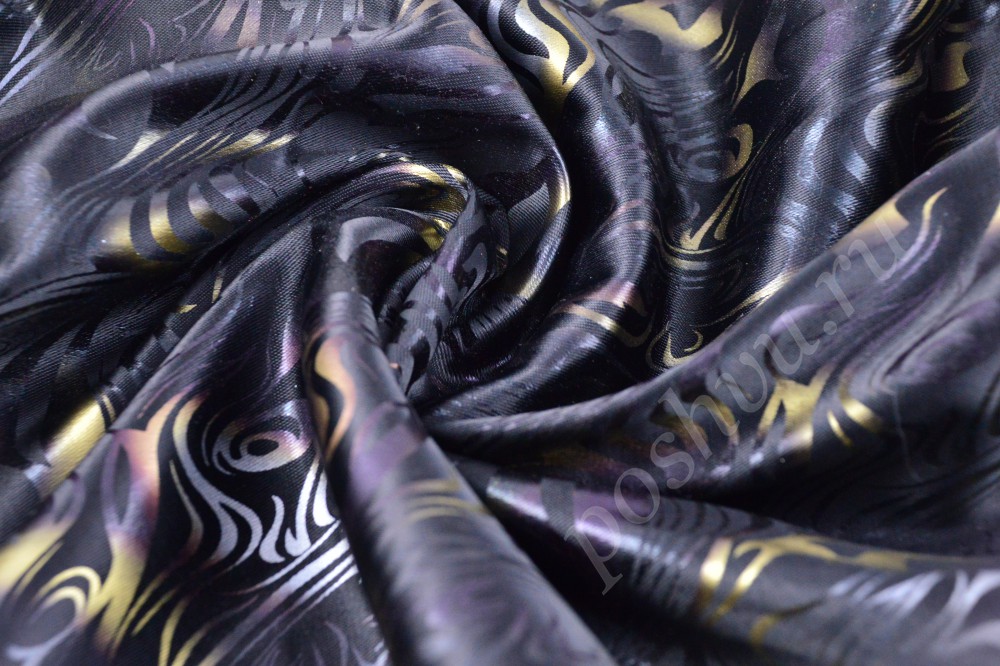 Ткань элегантный атлас иссиня-черного цвета с витиеватым орнаментом
