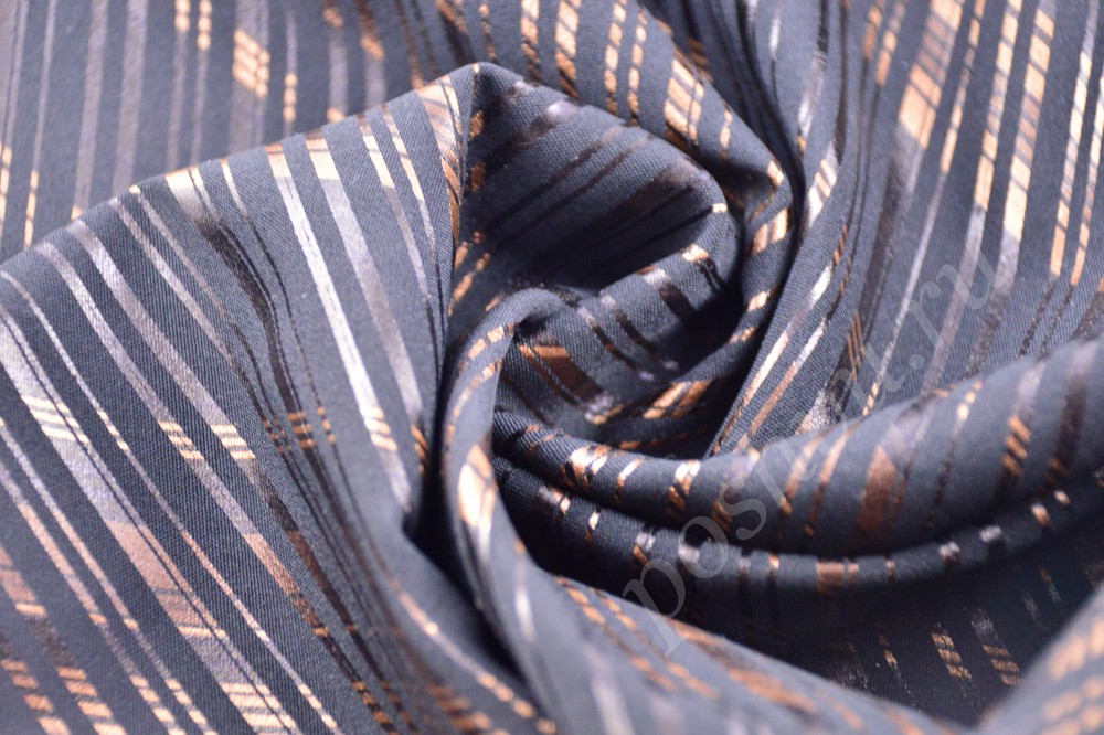 Ткань изящный набивной атлас черного цвета в золотисто-бронзовую полоску