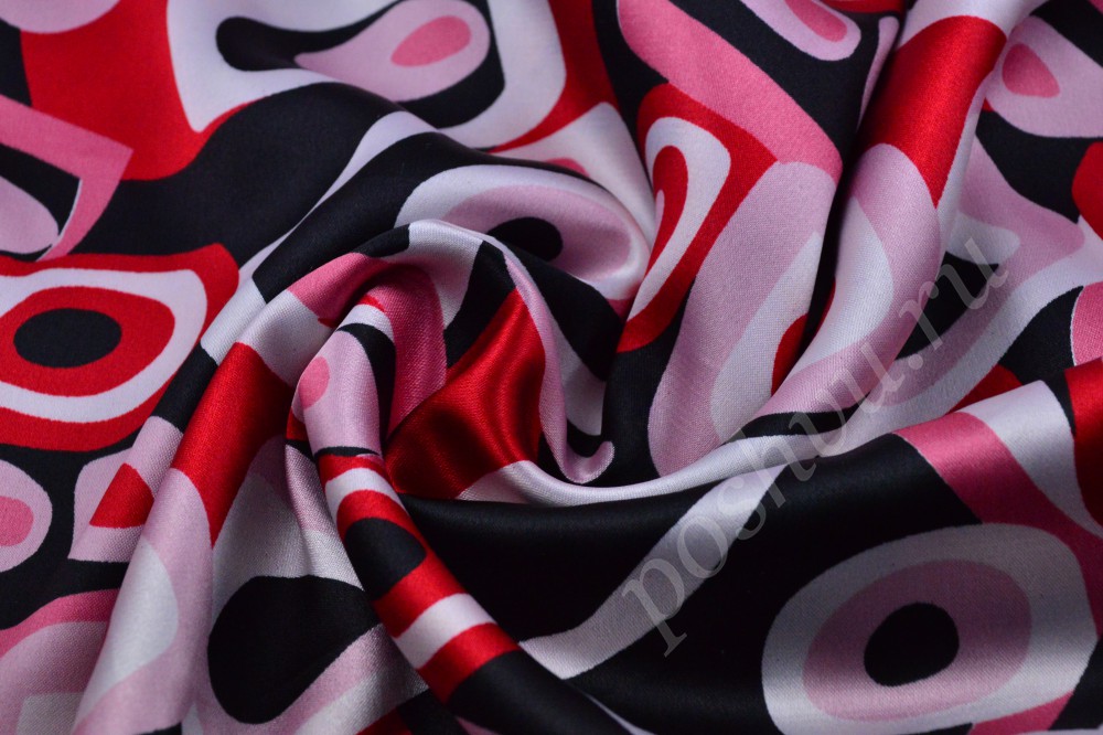 Ткань изысканный набивной атлас красно-черного цвета с геометрическим рисунком