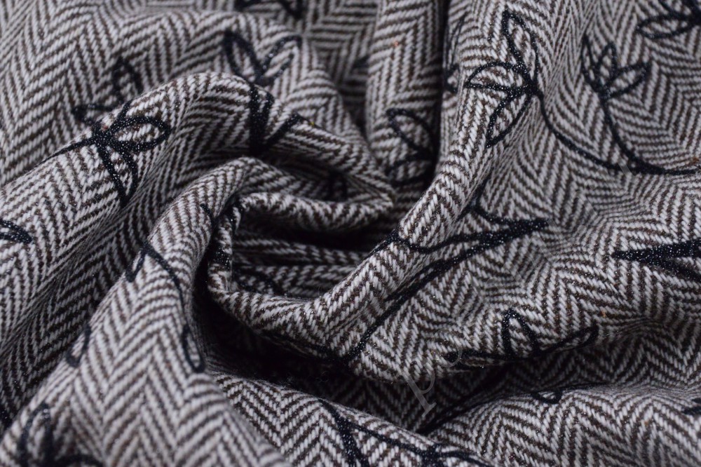 Костюмная ткань серого цвета с саржевым переплетением и цветочным узором