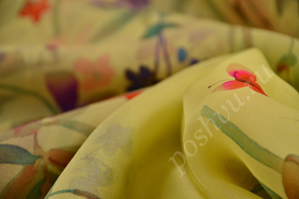 Невесомая шелковая ткань лимонного желтого цвета с цветочным принтом