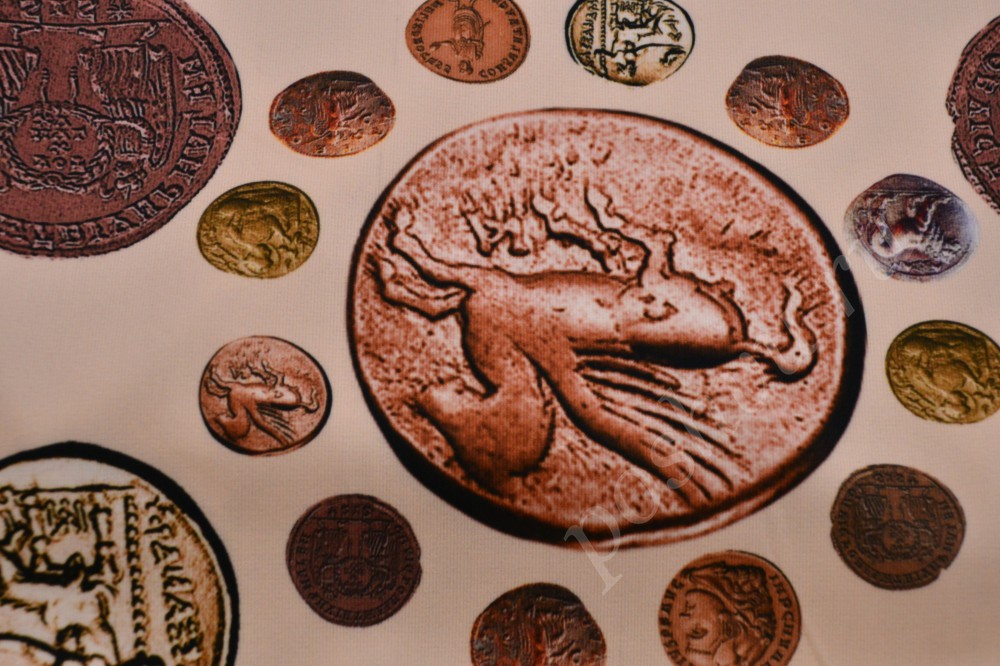 Оригинальная трикотажная ткань бежевого цвета с древними монетами