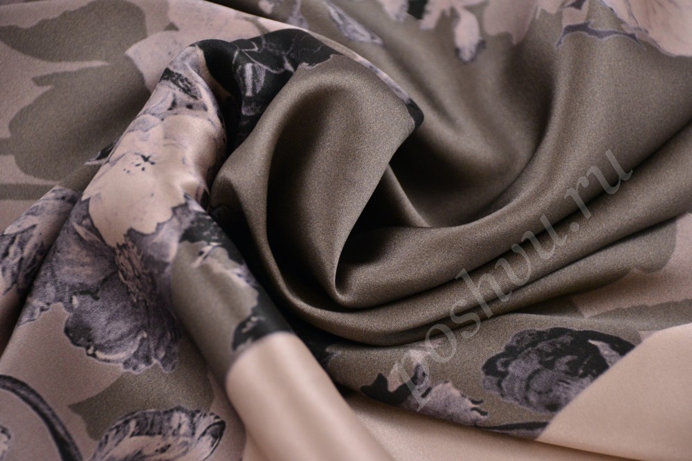 Ткань шикарный серый шелк UAN NOTEN с темно-серыми и бежевыми цветами