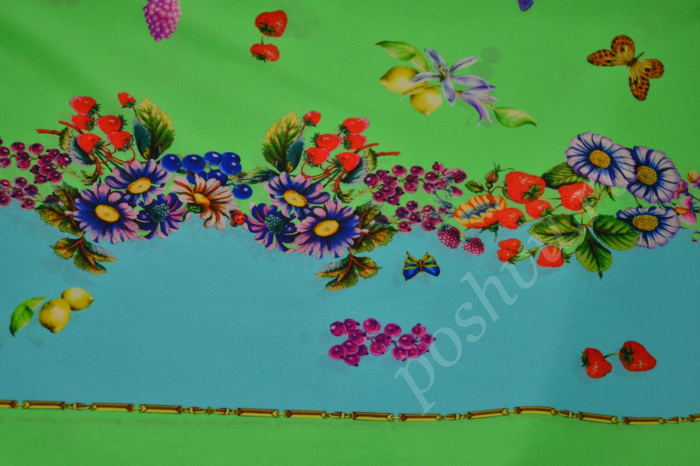 Ткань волшебный итальянский шелк голубого и зеленого цвета с флористическим рисунком и бабочками