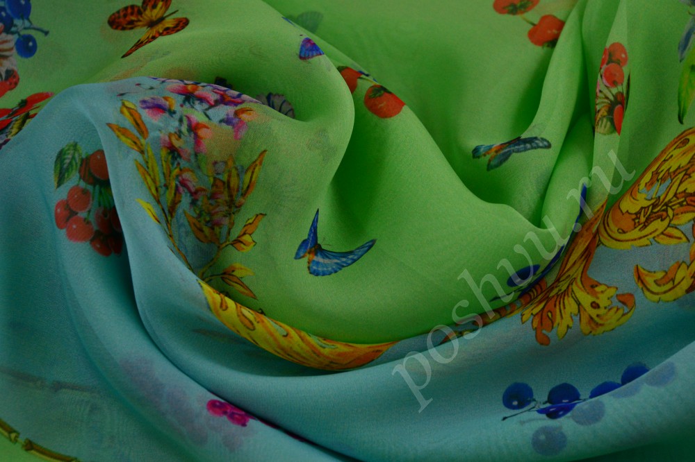 Яркая итальянская ткань из шелка зелено-голубого цвета с флористическими узорами