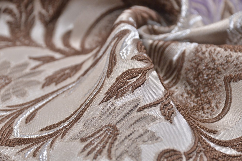 Ткань для мебели жаккард серебристого цвета с шоколадным узором