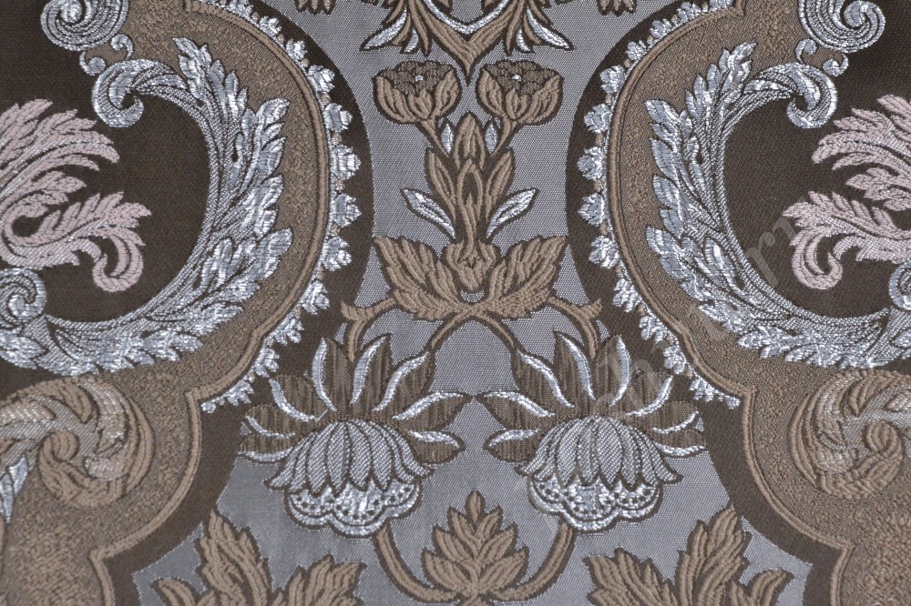 Ткань для мебели жаккард в серых и бежевых тонах королекский орнамент