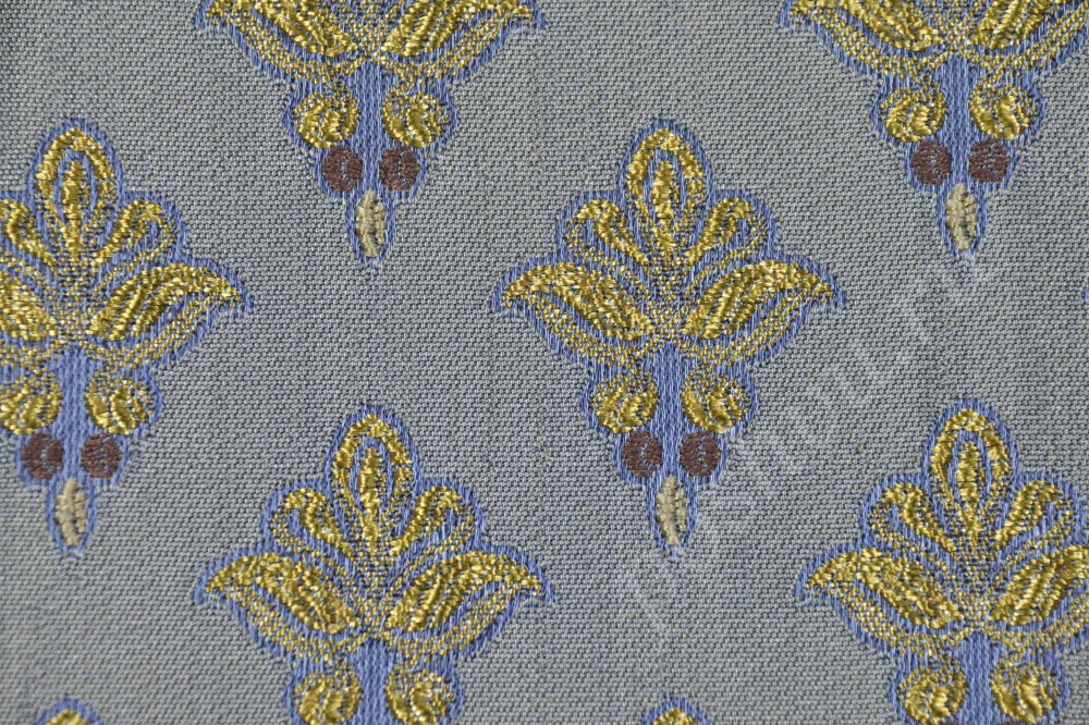 Ткань для мебели жаккард серо-голубого цвета с цветочной вышивкой