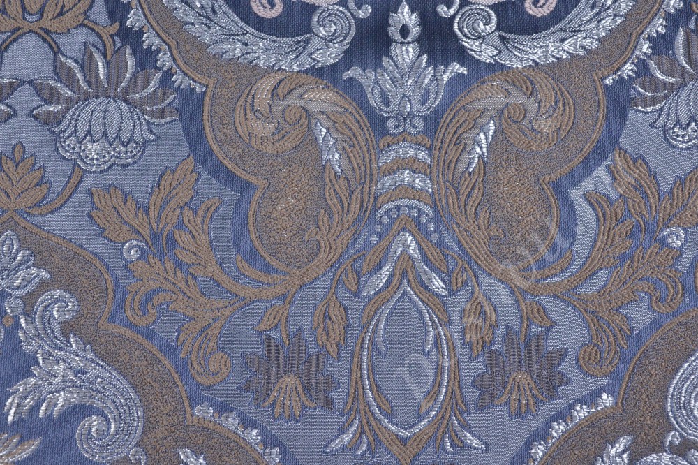 Ткань для мебели жаккард синего оттенка с флористическим орнаментом