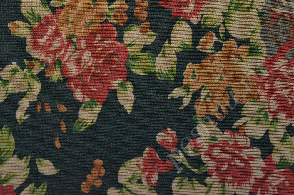 Ткань джинс бондинг черного цвета с цветочным принтом