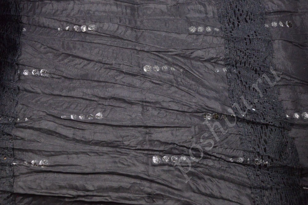 Ткань эффектная серая тафта с кружевом и серебристым орнаментом