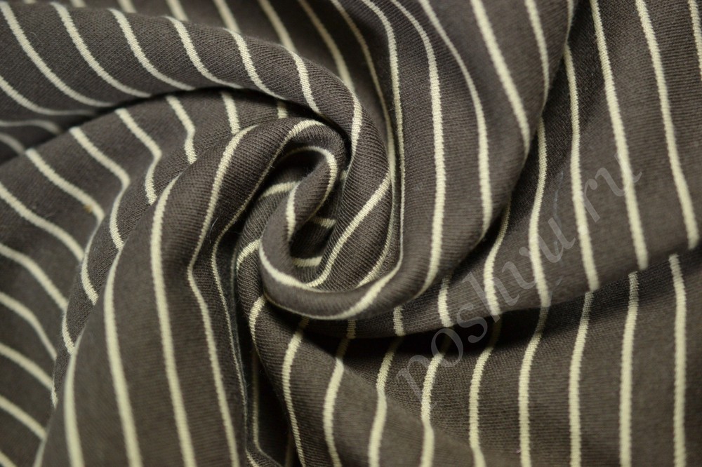 Трикотажная хлопчатобумажная ткань темно-серого цвета в белую тонкую полоску