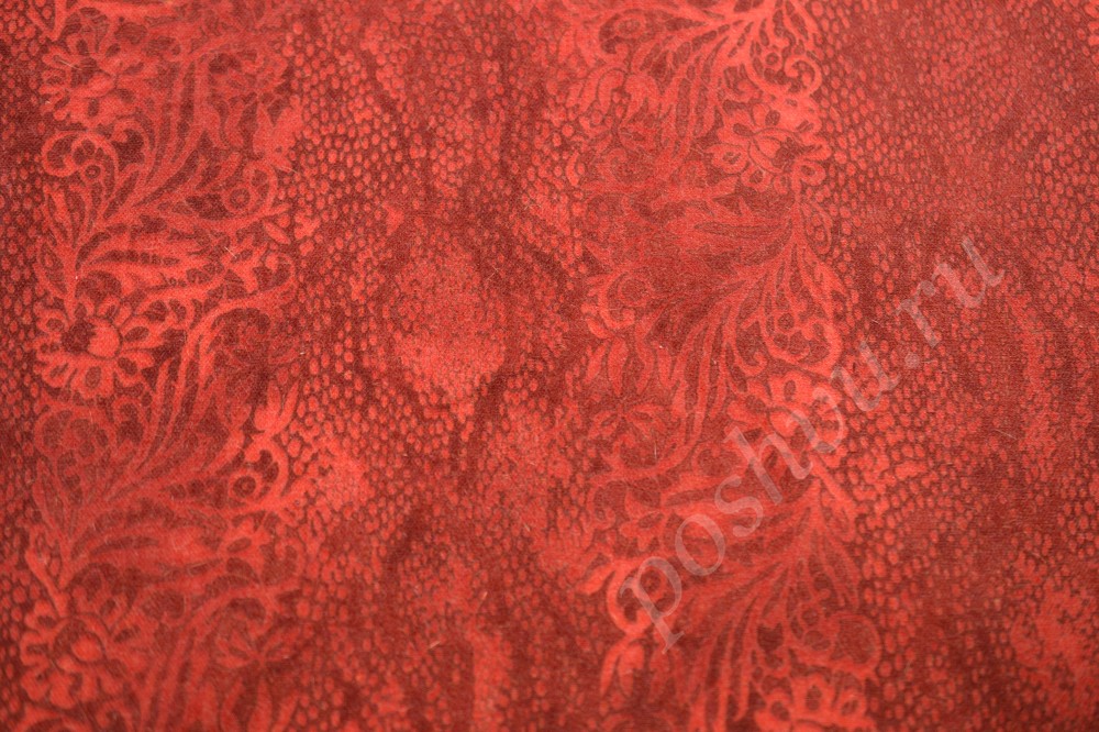Ткань трикотаж хлопчатобумажная бордового цвета в красный узор