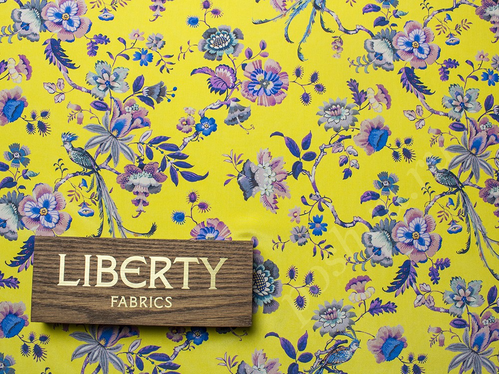 Натуральный шелк Liberty с рисунком, цвет - фиолетовый, желтый, синий, розовый, крем-брюле