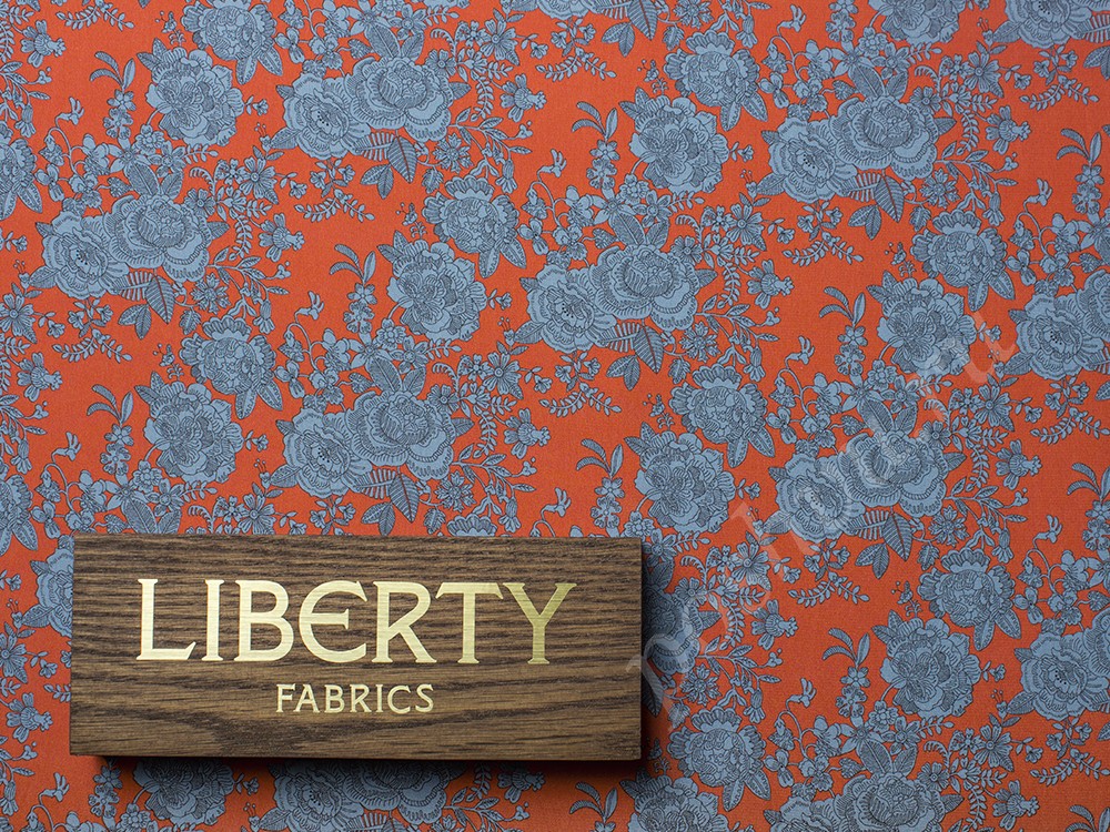 Натуральный шелк Liberty с рисунком, цвет - коралловый, серый и голубой