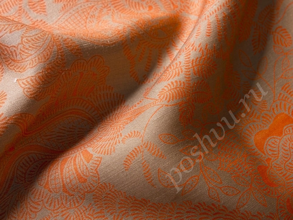 Плательная шерстяная ткань с рисунком, цвет - бежевый и оранжевый