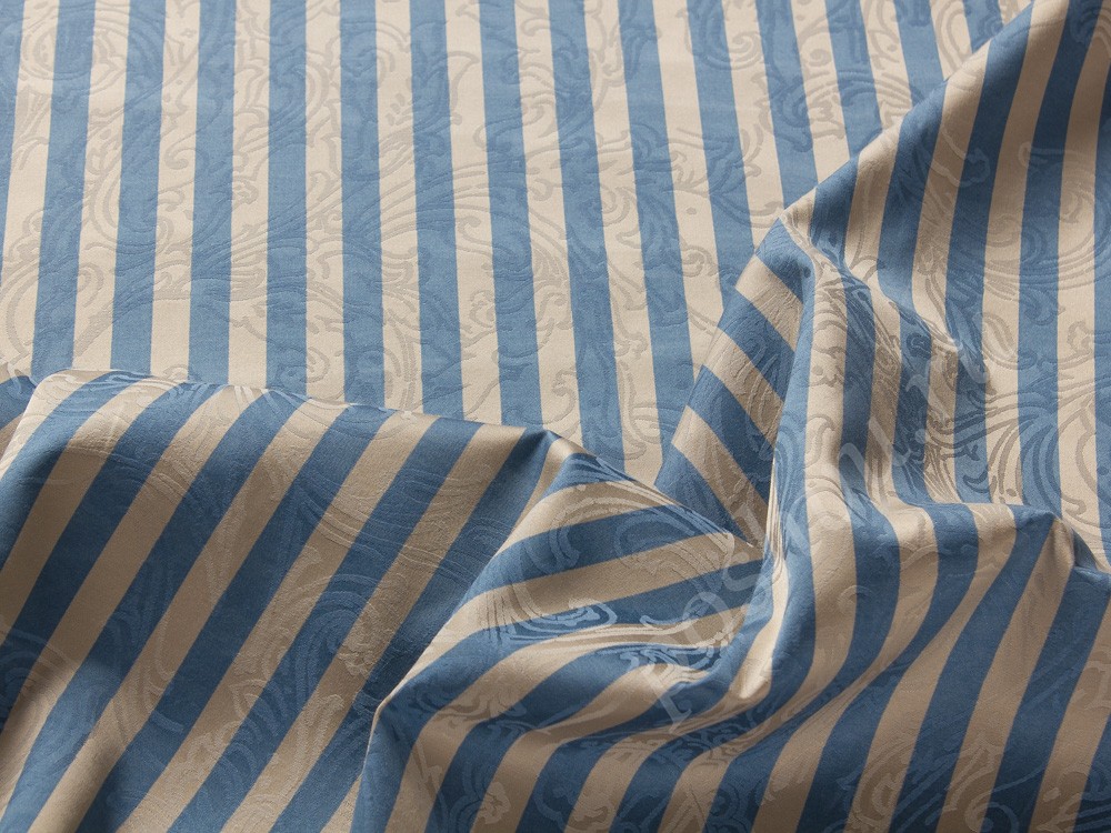 Хлопковая ткань, цвет - синий, молочный, полоска