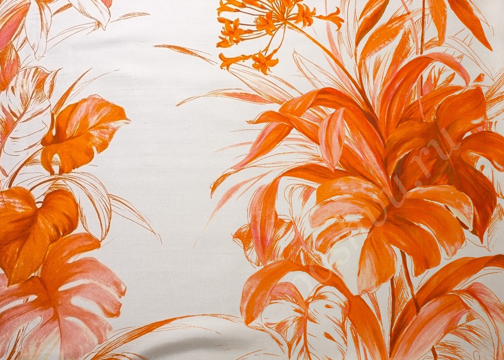 Натуральный шелк "Чесуча" с рисунком, цвет - оранжевый и молочный