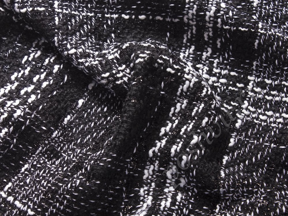 Хлопковая ткань Шанель с нитью люрекса, цвет - черный и клетка