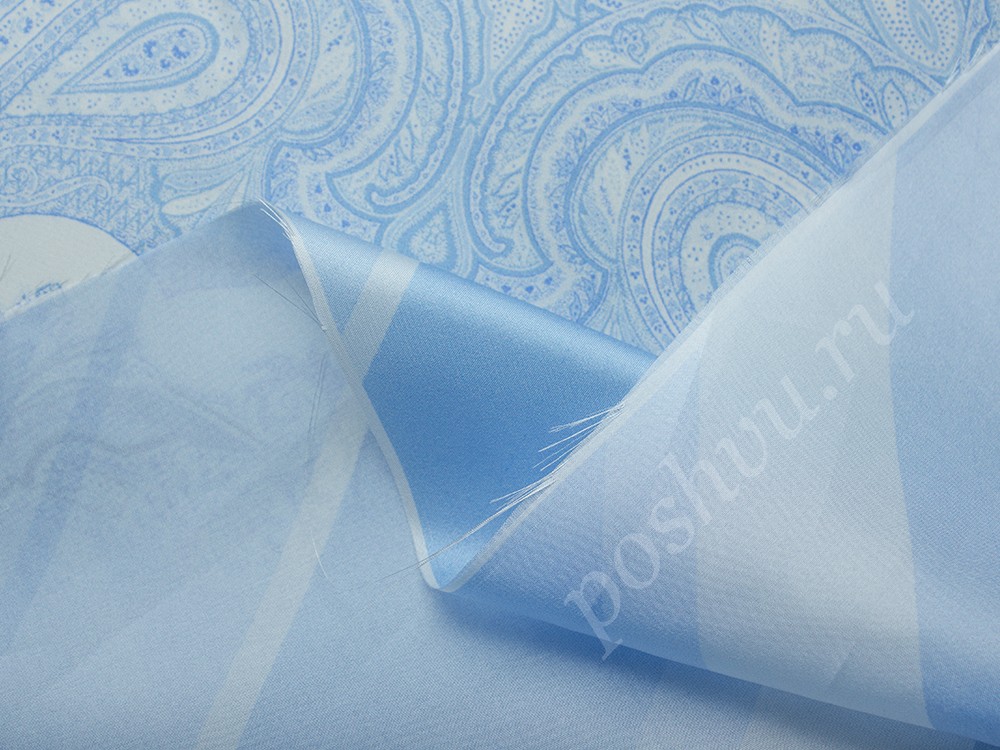 Натуральный шелк Etro с рисунком (купон), цвет - белый, голубой, полоска
