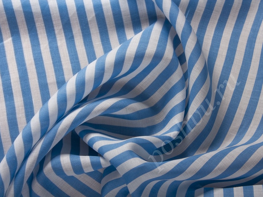 Льняная ткань, цвет - белый, голубой, полоска