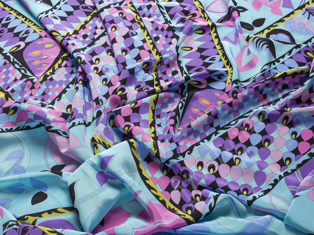 Натуральный шелк Pucci с рисунком, цвет - фиолетовый и бирюзовый