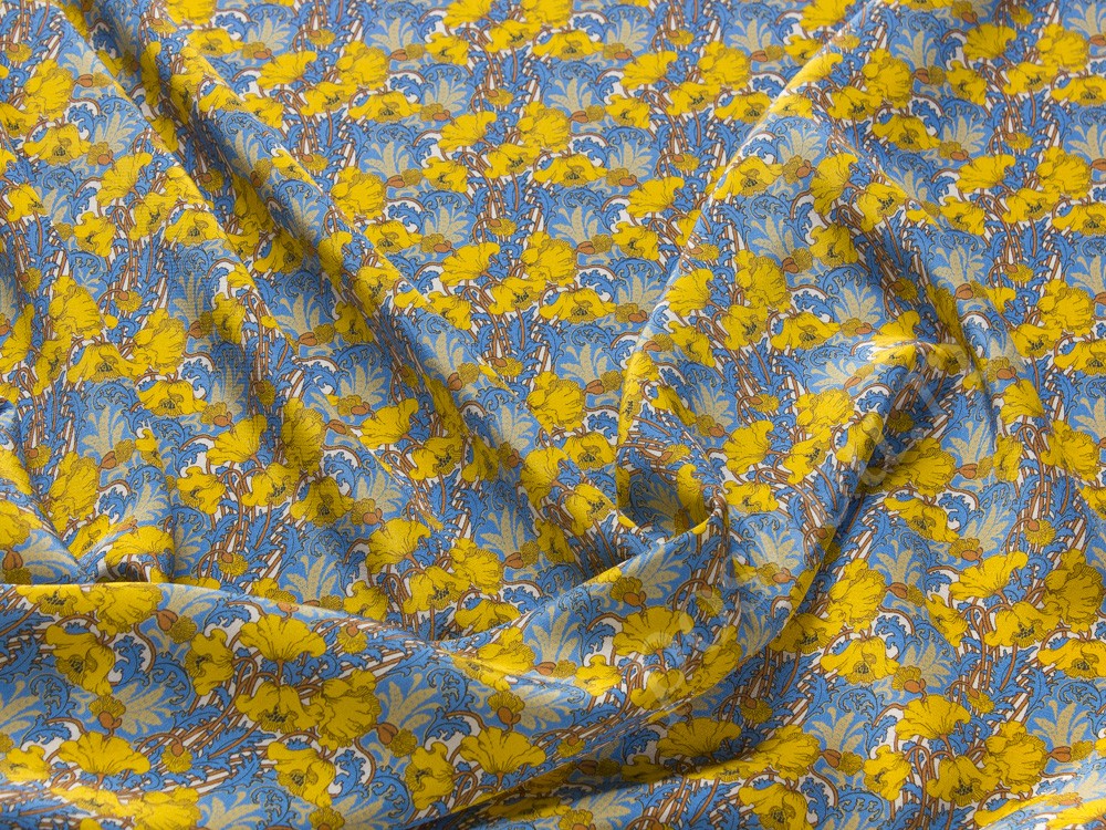 Натуральный шелк Liberty с рисунком, цвет - желтый и голубой