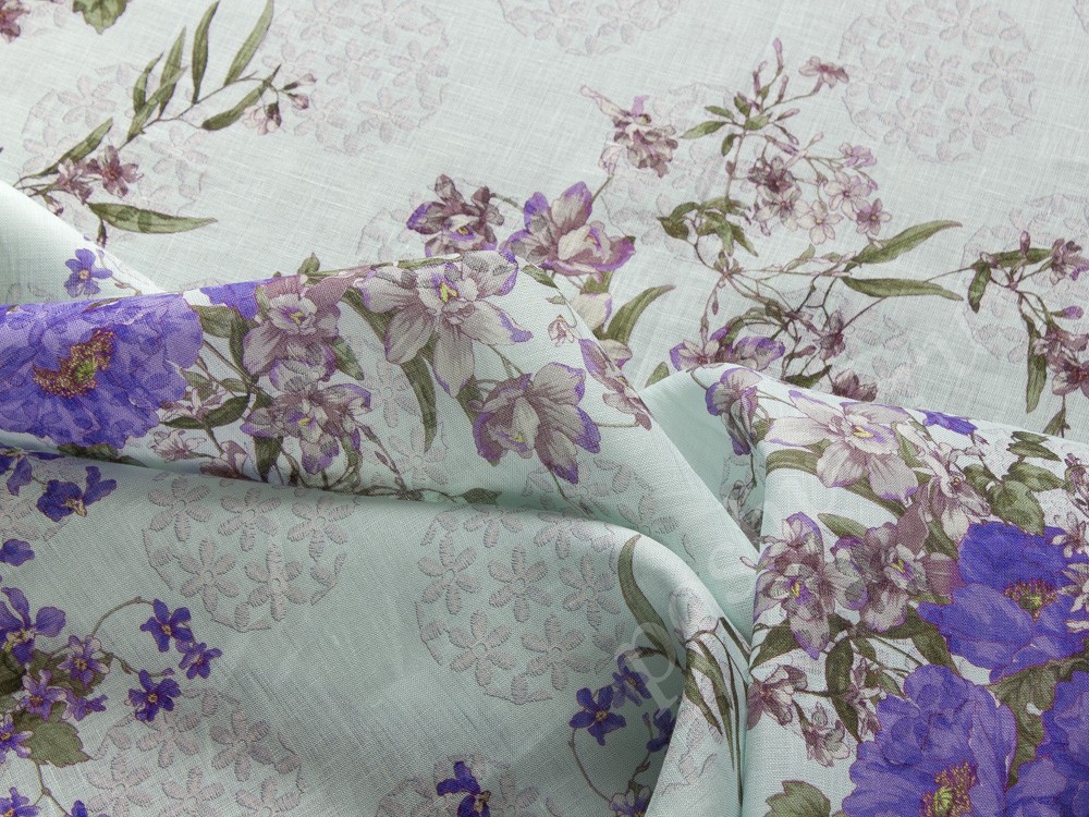 Льняная ткань Valentino с рисунком, цвет - молочный, фиолетовый