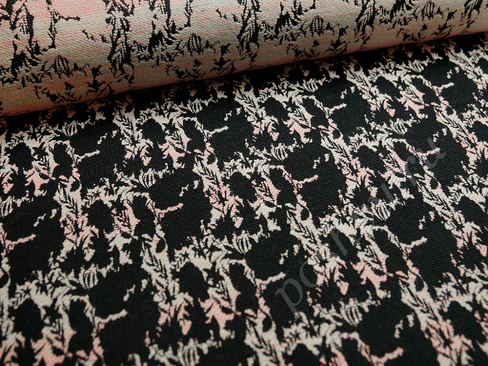 Ткань пальтовая бело-розовые фрагменты на черном фоне