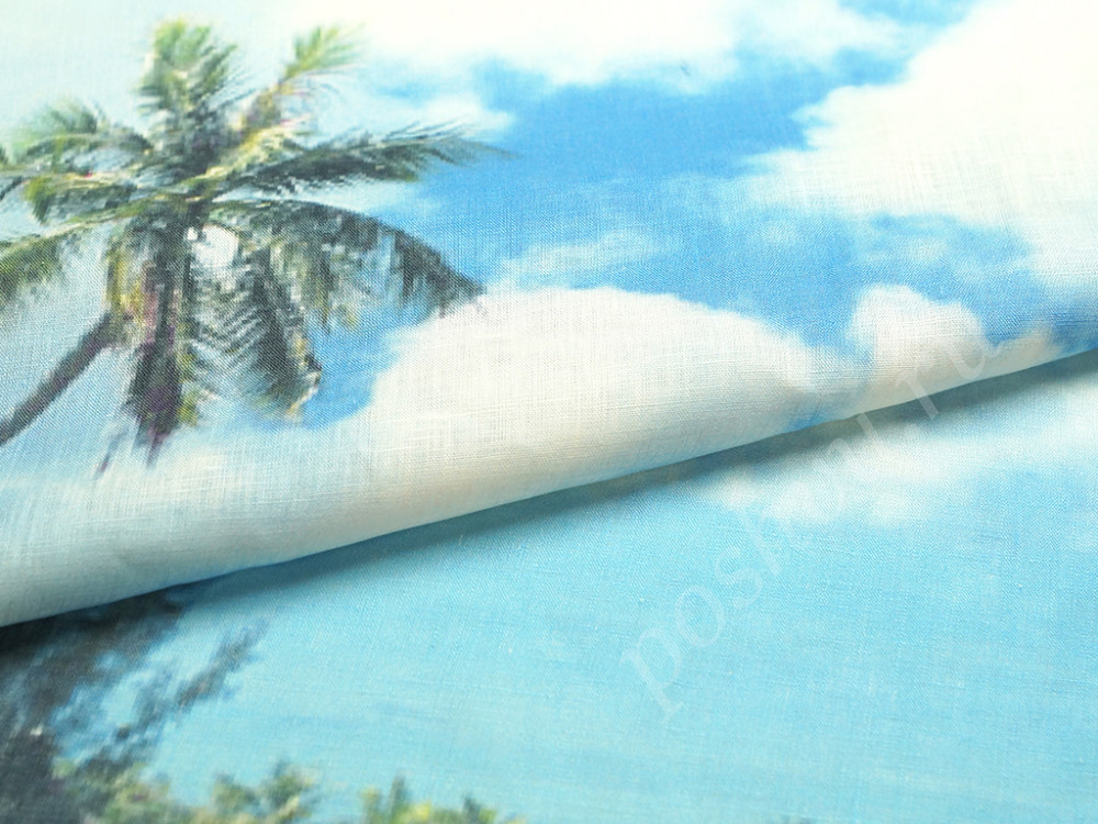Ткань льняная, голубые облака, купонный принт Майами