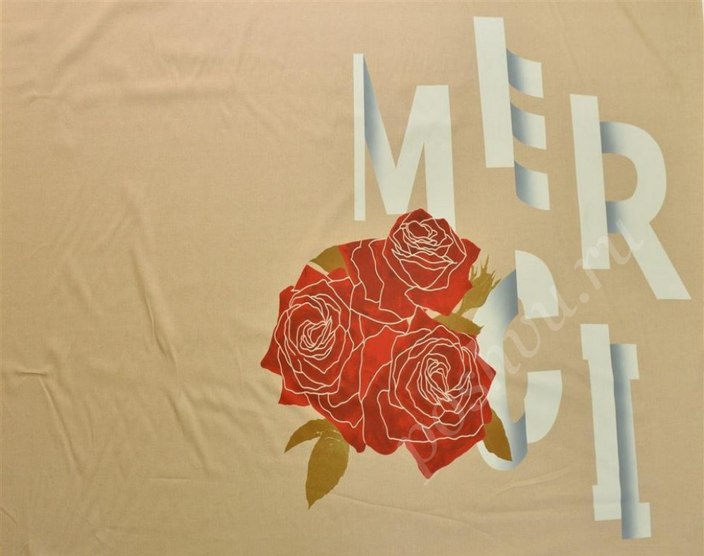 Плательная ткань бежево-розового цвета с принтом из ярко-красных роз с надписью (Раппорт 1,85м)