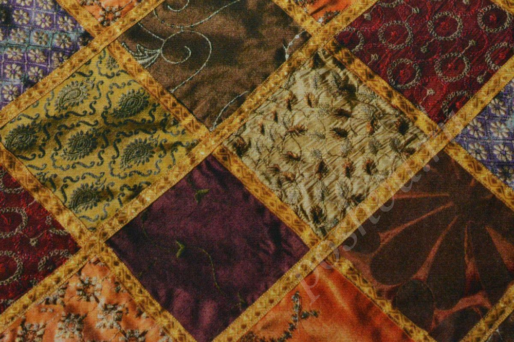 Ткань плательная трикотажная, цвет: оригинальная лоскутная тема в оранжево-фиолетовых тонах