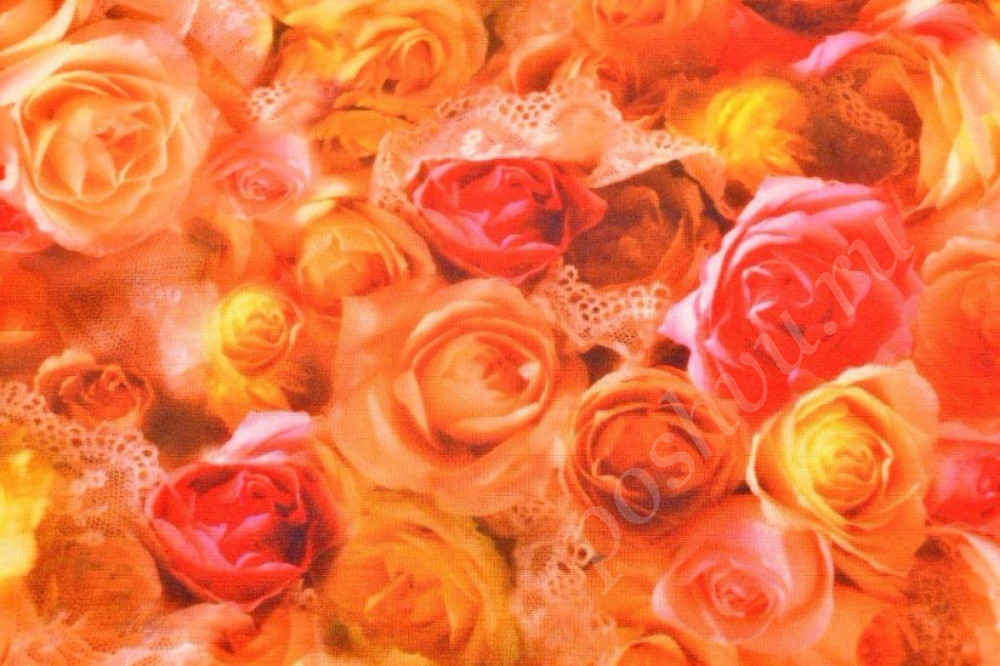 Ткань трикотажная, цвет: крупные объемные розы с коричнево-медовым оттенком