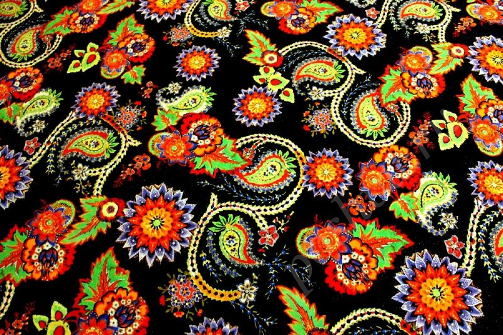 Ткань плательная тонкая, цвет: на черном фоне яркий цветочный принт