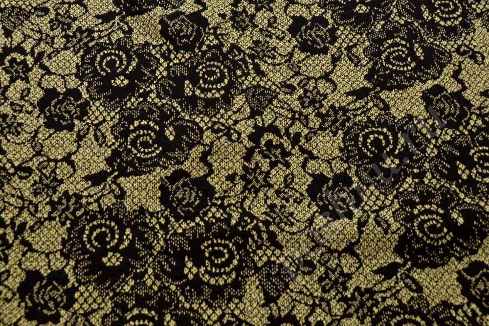 Трикотажная ткань, цвет: на лимонном фоне изящный черный ажурный цветочный рисунок